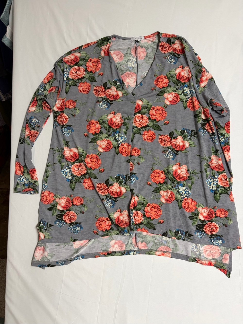 white birch Gray V-Neck Tunic with Coral Floral Print
